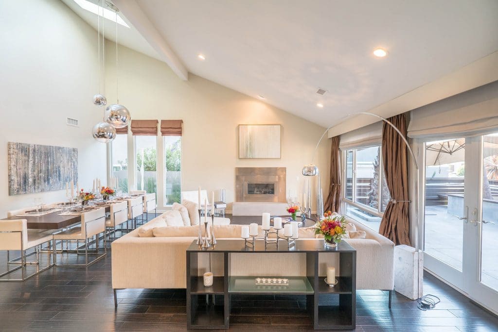 living room with soaring ceilings