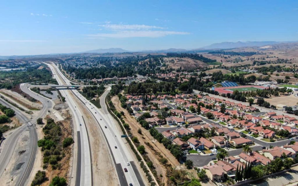 Aerial View Of Highway Crossing The Little Town Moorpark. Ventura County, California