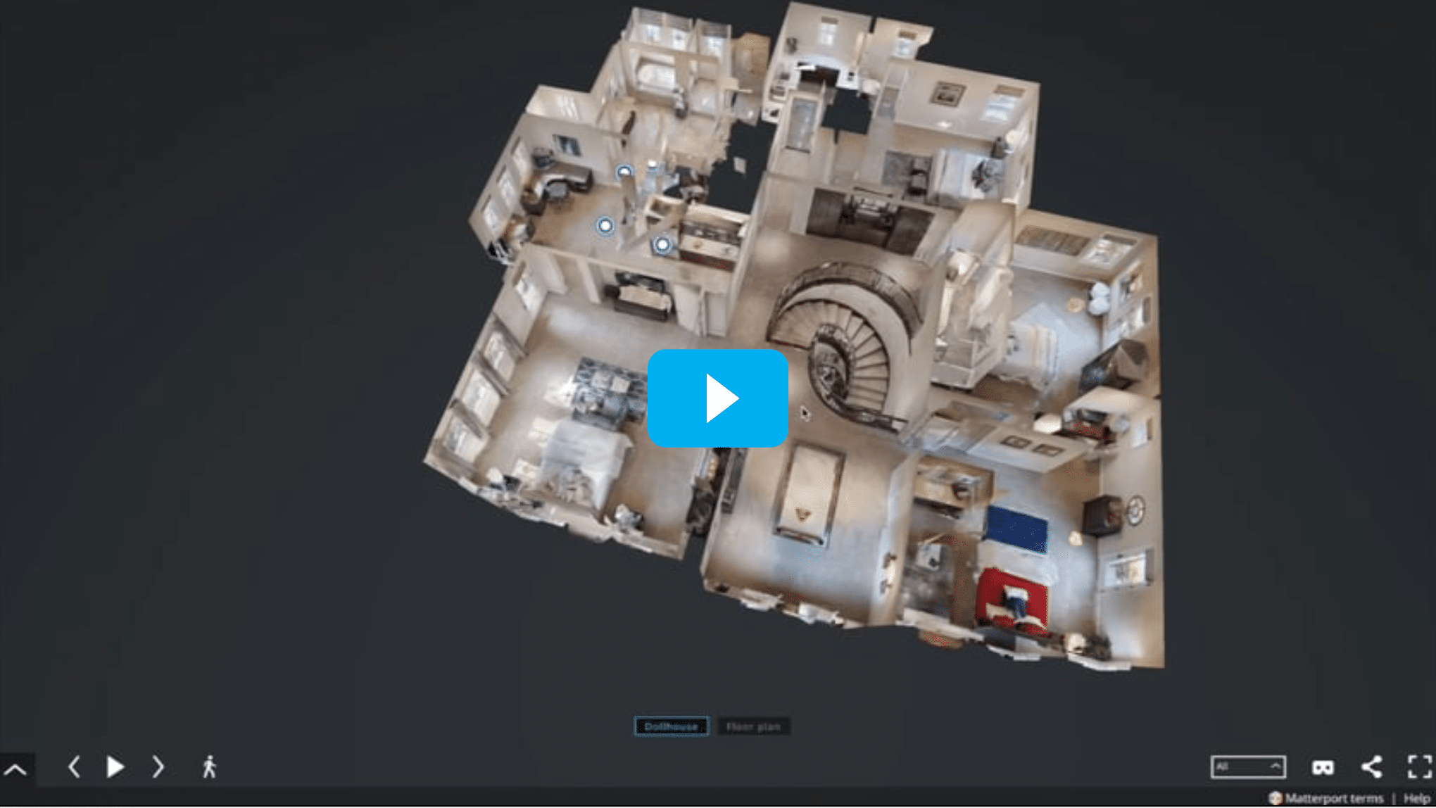 Dollhouse view of 3D Matterport tour with blue play button over house image on black background